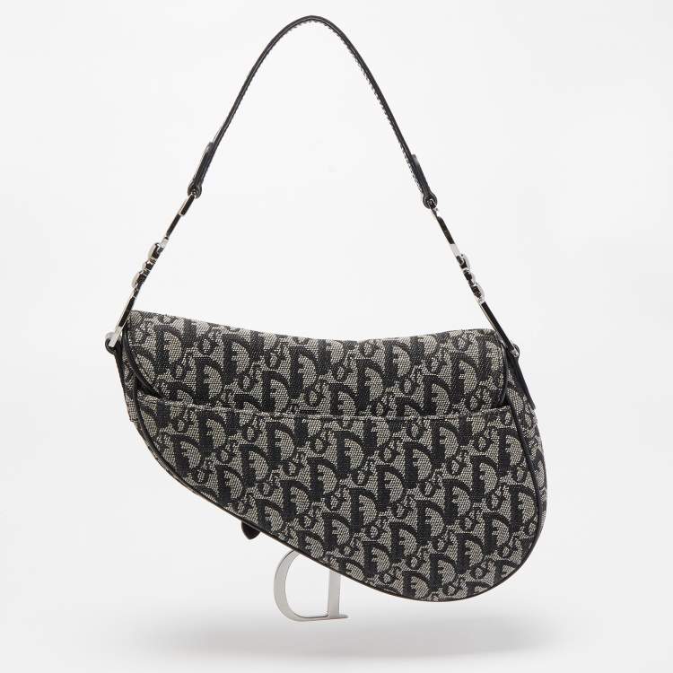 Pre Owned Dior Black Oblique Canvas  and Leather Saddle Bag
