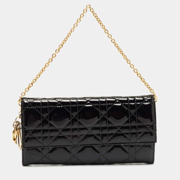 Pre Owned Dior Black Cannage Patent Leather Lady Dior Rendezvous Wallet on Chain