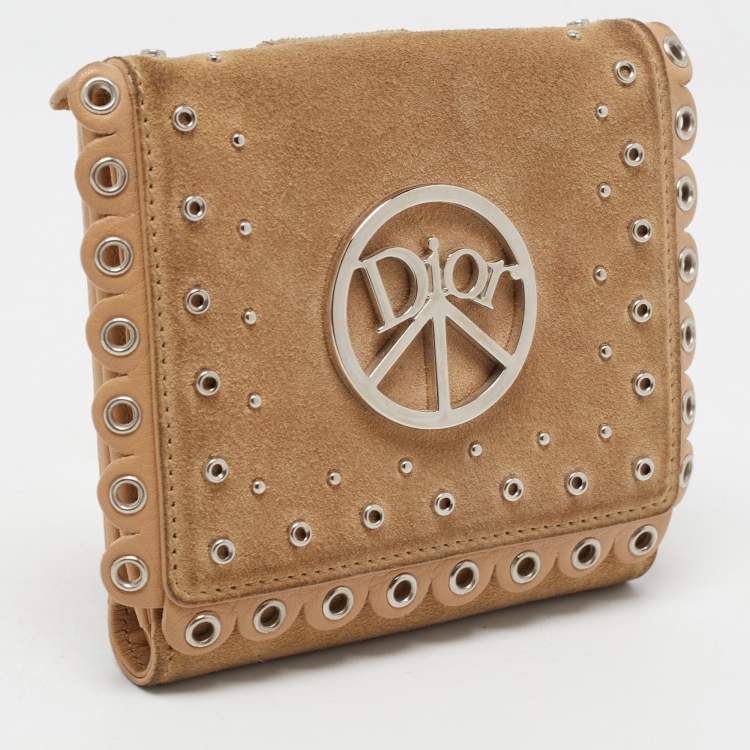 Pre Owned Dior Beige Leather and Suede Grommet Logo Trifold Wallet