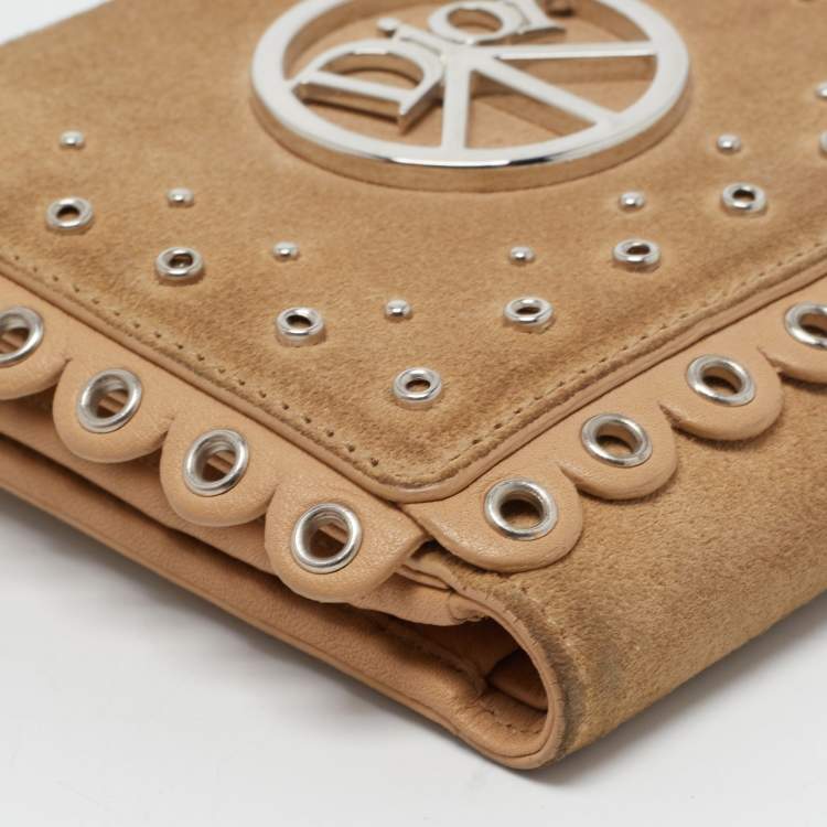 Pre Owned Dior Beige Leather and Suede Grommet Logo Trifold Wallet