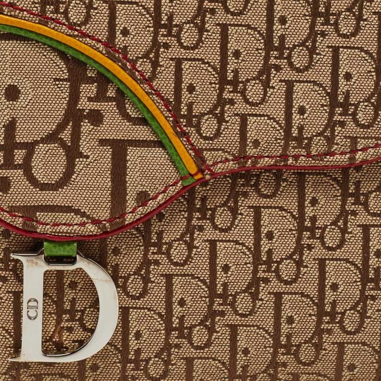 Pre Owned Dior Beige Oblique Canvas Rasta Saddle Compact Wallet