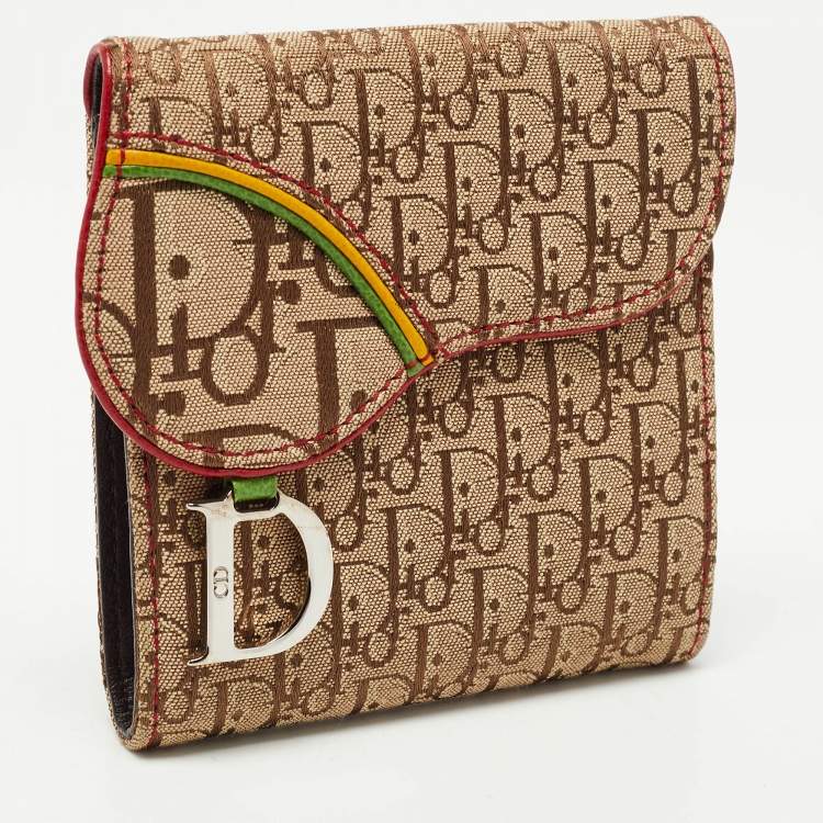 Pre Owned Dior Beige Oblique Canvas Rasta Saddle Compact Wallet