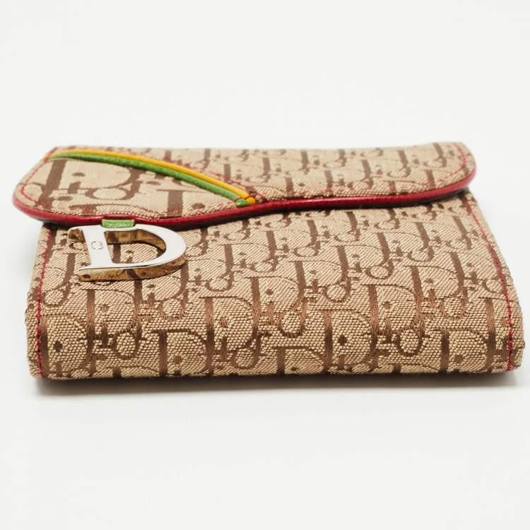 Pre Owned Dior Beige Oblique Canvas Rasta Saddle Compact Wallet