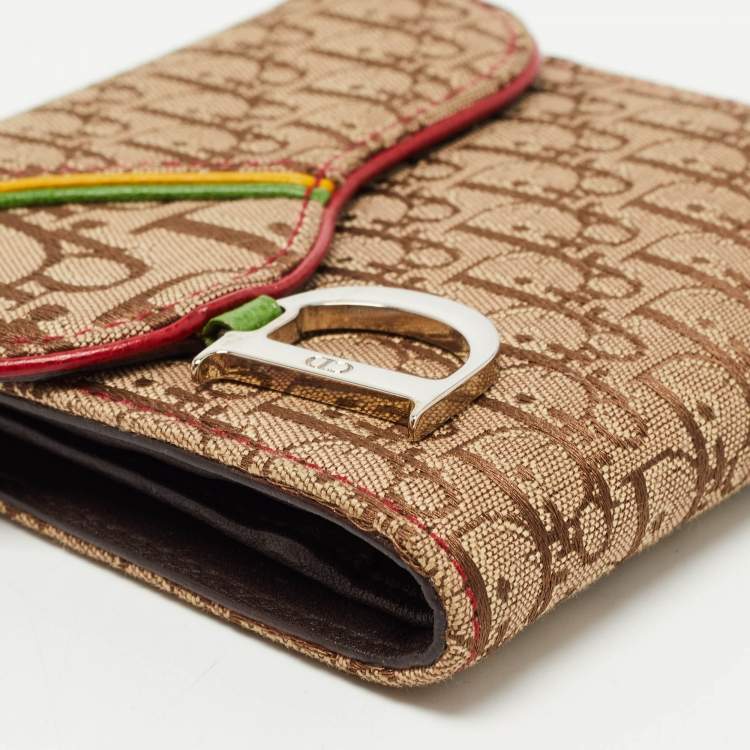 Pre Owned Dior Beige Oblique Canvas Rasta Saddle Compact Wallet