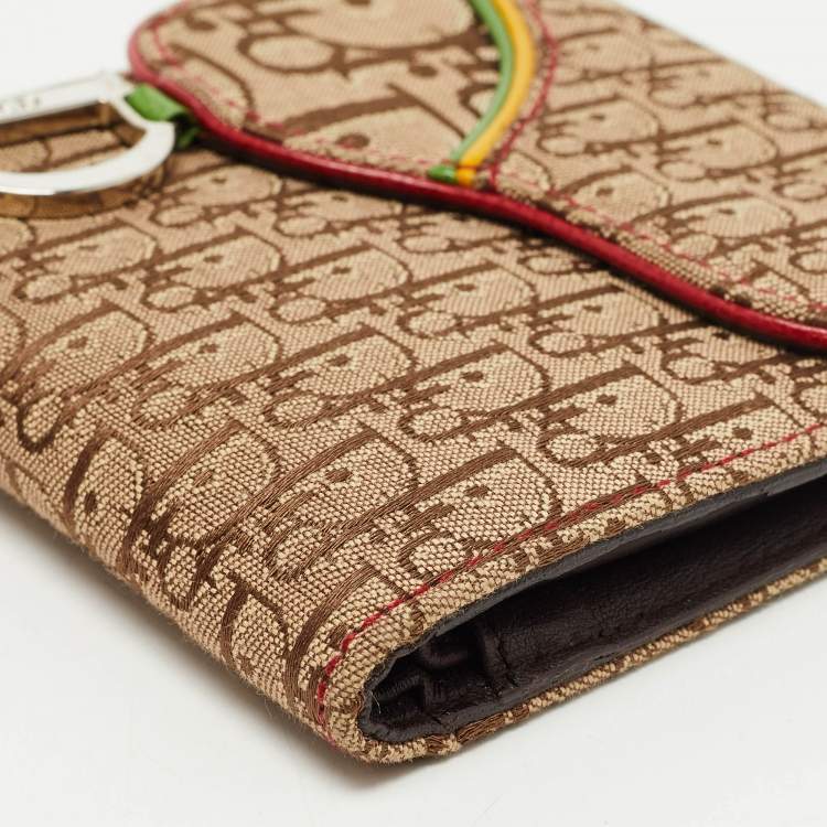 Pre Owned Dior Beige Oblique Canvas Rasta Saddle Compact Wallet