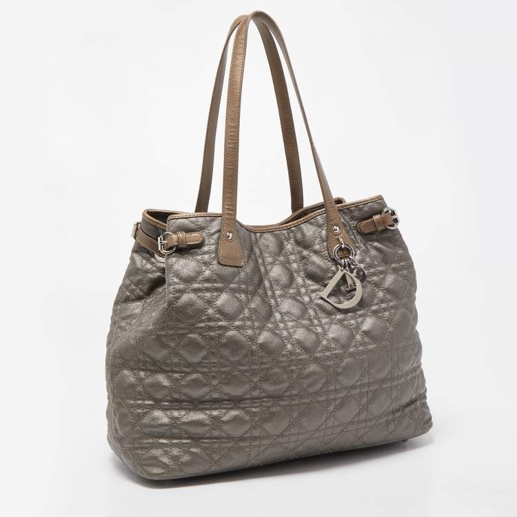 Pre Owned Dior Olive Green Cannage Coated Canvas & Leather Medium Panarea Shopper Tote