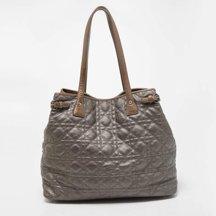 Pre Owned Dior Olive Green Cannage Coated Canvas & Leather Medium Panarea Shopper Tote