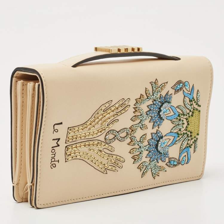 Pre Owned Dior Beige Leather Embroidered Le Monde Tarot Pouch