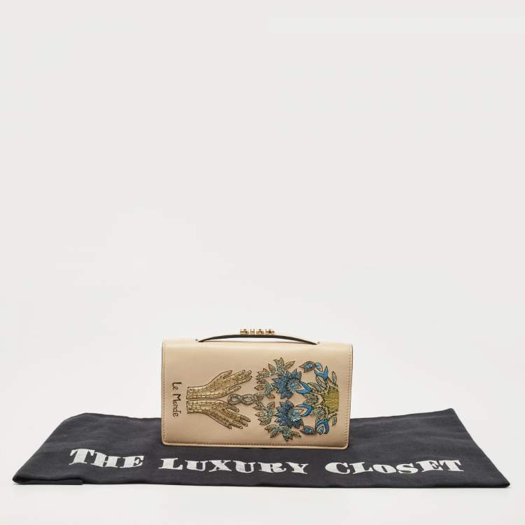 Pre Owned Dior Beige Leather Embroidered Le Monde Tarot Pouch