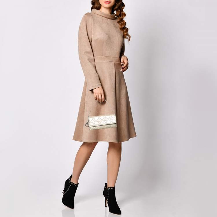 Pre Owned Dior Gold Shimmering Cannage Leather Lady Dior Wallet On Chain