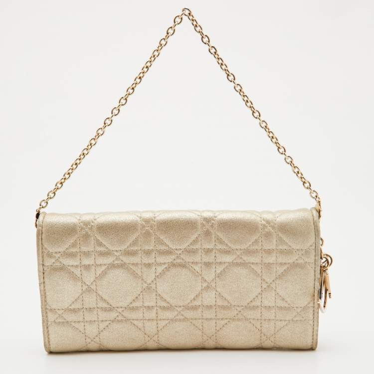 Pre Owned Dior Gold Shimmering Cannage Leather Lady Dior Wallet On Chain