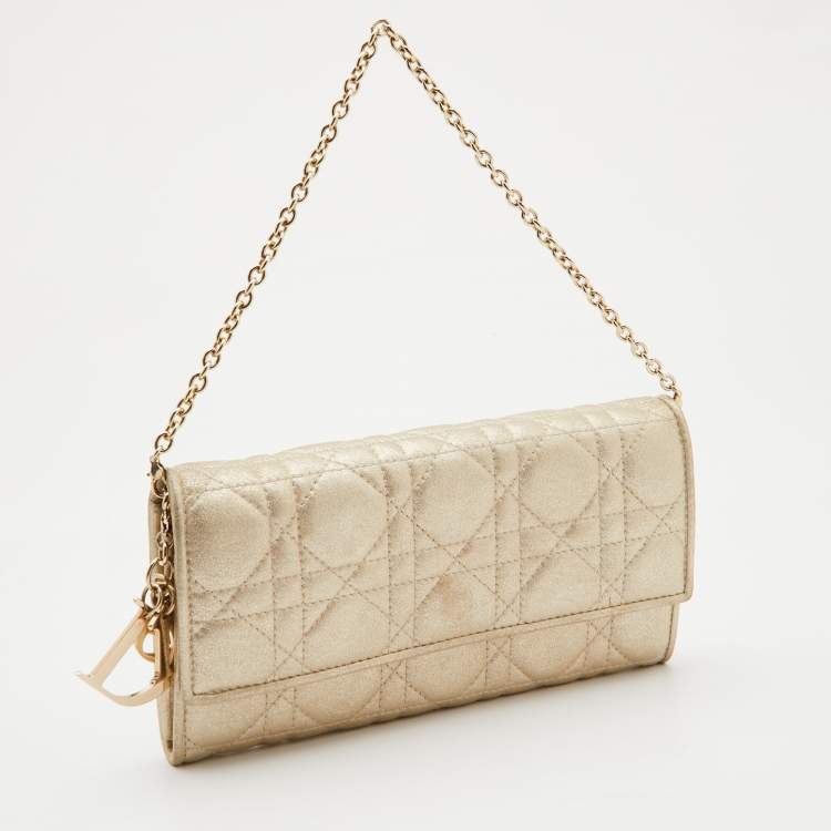 Pre Owned Dior Gold Shimmering Cannage Leather Lady Dior Wallet On Chain