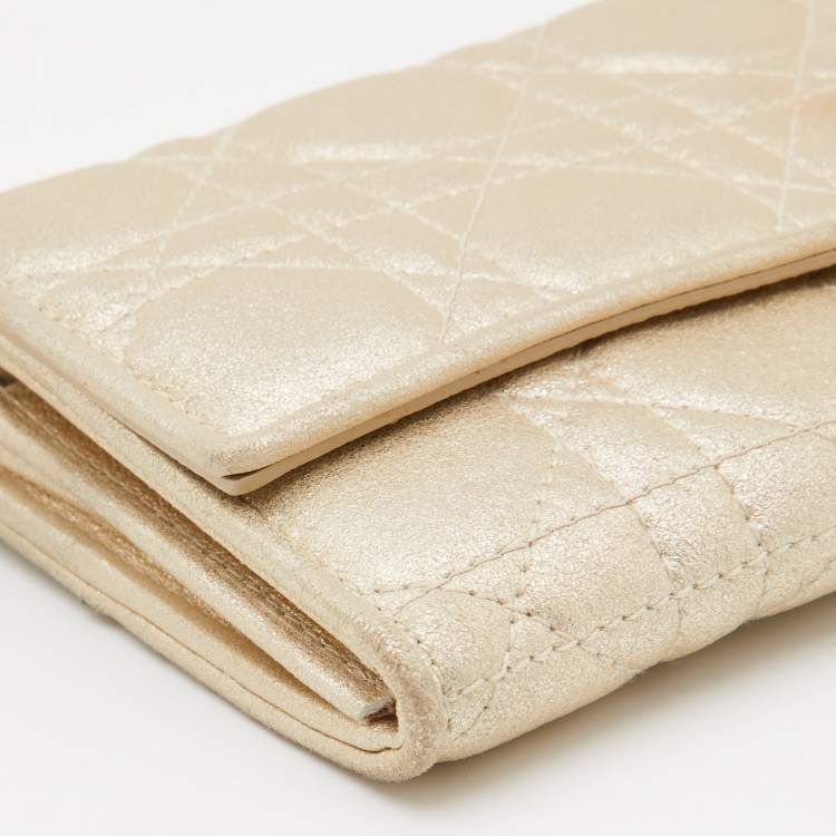 Pre Owned Dior Gold Shimmering Cannage Leather Lady Dior Wallet On Chain