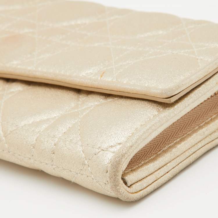 Pre Owned Dior Gold Shimmering Cannage Leather Lady Dior Wallet On Chain