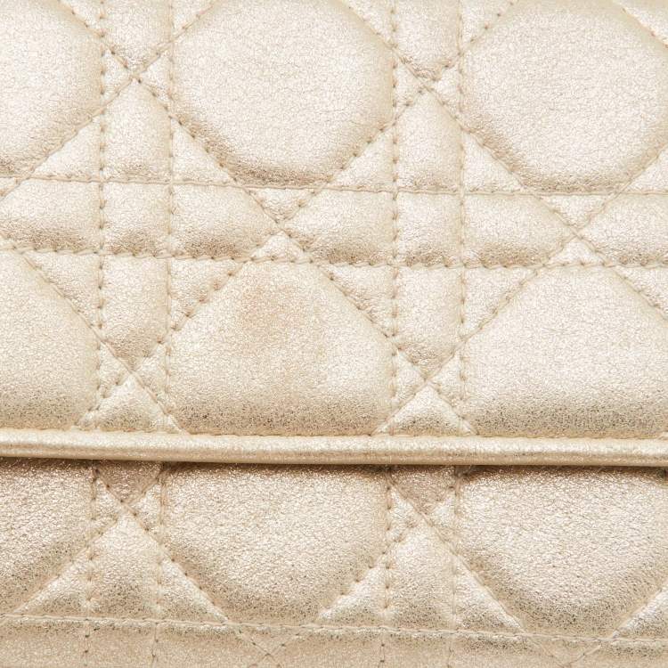 Pre Owned Dior Gold Shimmering Cannage Leather Lady Dior Wallet On Chain
