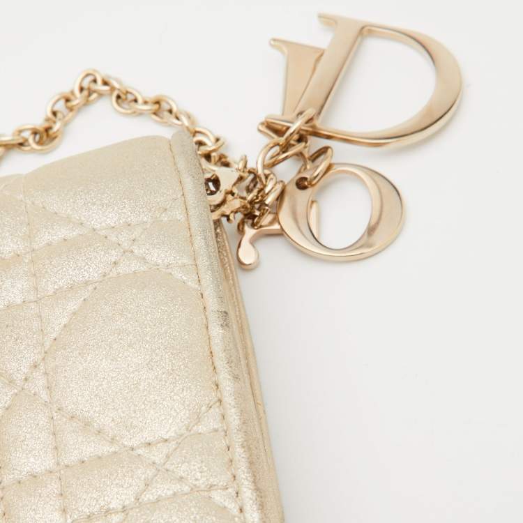Pre Owned Dior Gold Shimmering Cannage Leather Lady Dior Wallet On Chain