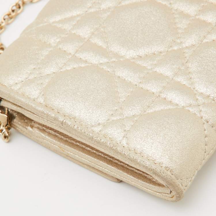 Pre Owned Dior Gold Shimmering Cannage Leather Lady Dior Wallet On Chain