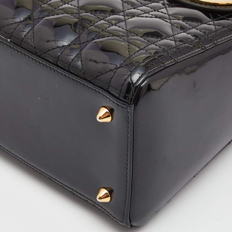 Pre Owned Dior Black Cannage Patent Leather Medium Lady Dior Tote