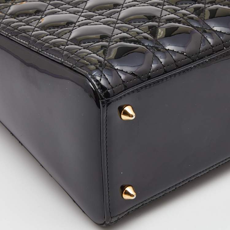 Pre Owned Dior Black Cannage Patent Leather Medium Lady Dior Tote