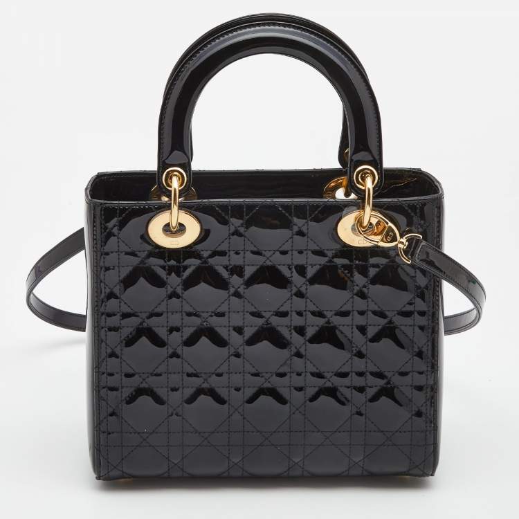 Pre Owned Dior Black Cannage Patent Leather Medium Lady Dior Tote
