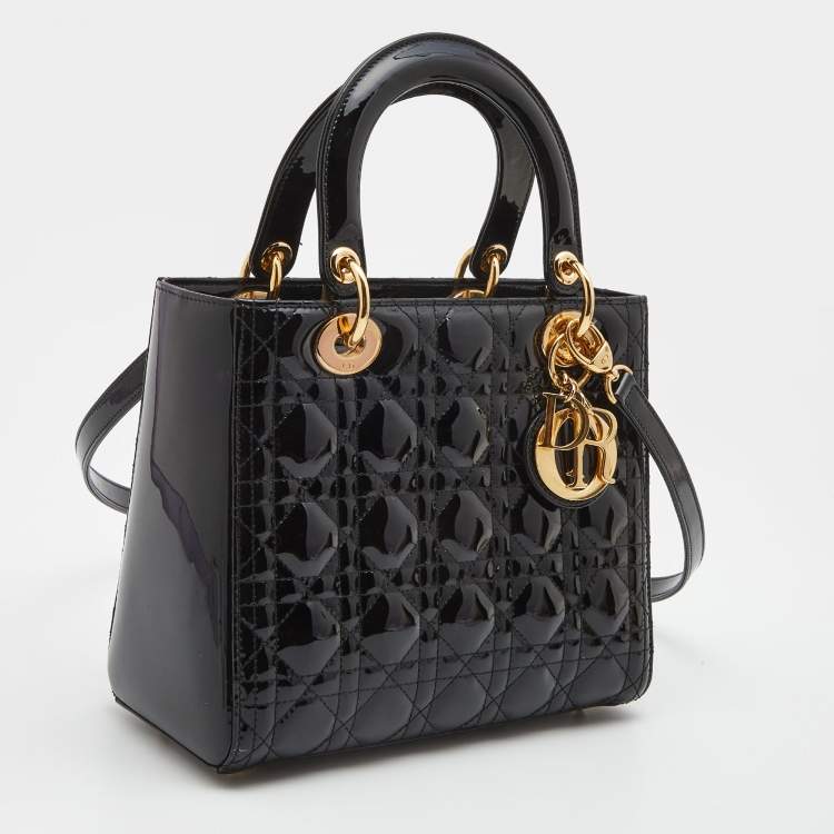 Pre Owned Dior Black Cannage Patent Leather Medium Lady Dior Tote