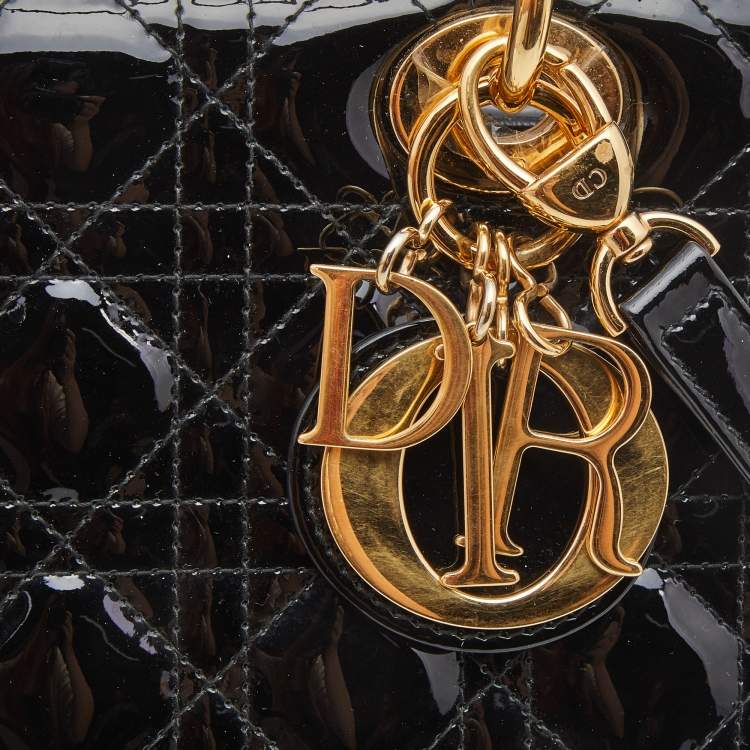 Pre Owned Dior Black Cannage Patent Leather Medium Lady Dior Tote