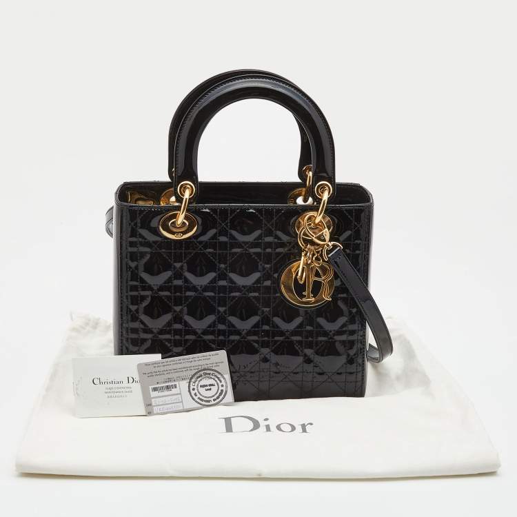 Pre Owned Dior Black Cannage Patent Leather Medium Lady Dior Tote