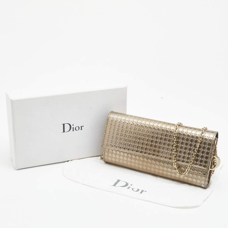 Pre Owned Dior Metallic Gold Microcannage Patent Leather Croisiere Wallet On Chain
