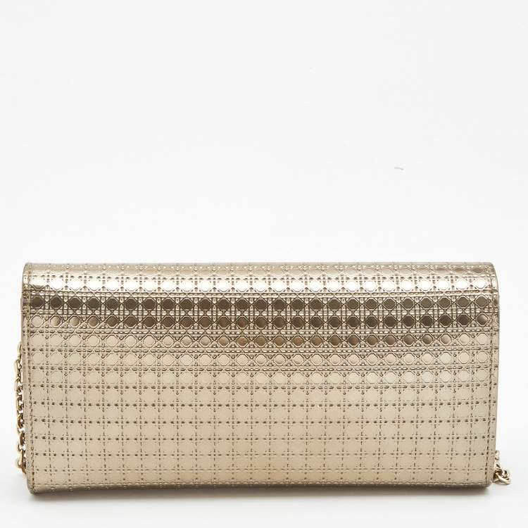 Pre Owned Dior Metallic Gold Microcannage Patent Leather Croisiere Wallet On Chain