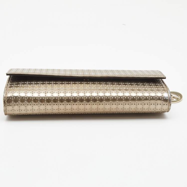 Pre Owned Dior Metallic Gold Microcannage Patent Leather Croisiere Wallet On Chain