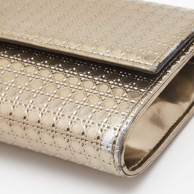 Pre Owned Dior Metallic Gold Microcannage Patent Leather Croisiere Wallet On Chain