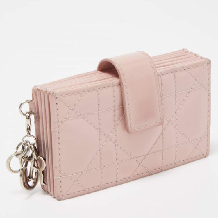 Pre Owned Dior Pink Cannage Patent Leather Lady Dior 5 Gusset Card Holder