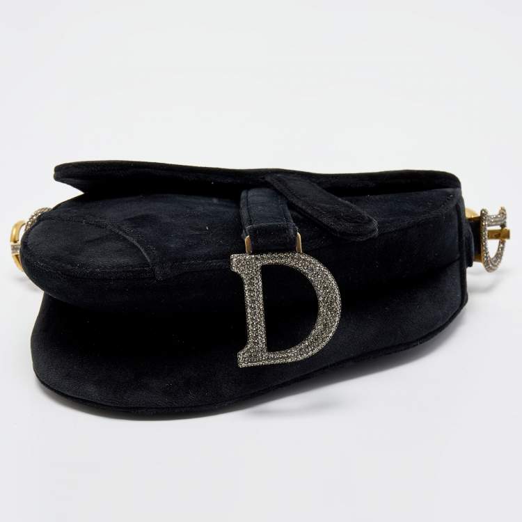 Pre Owned Dior Black Velvet Mini Crystal Embellished Saddle Bag