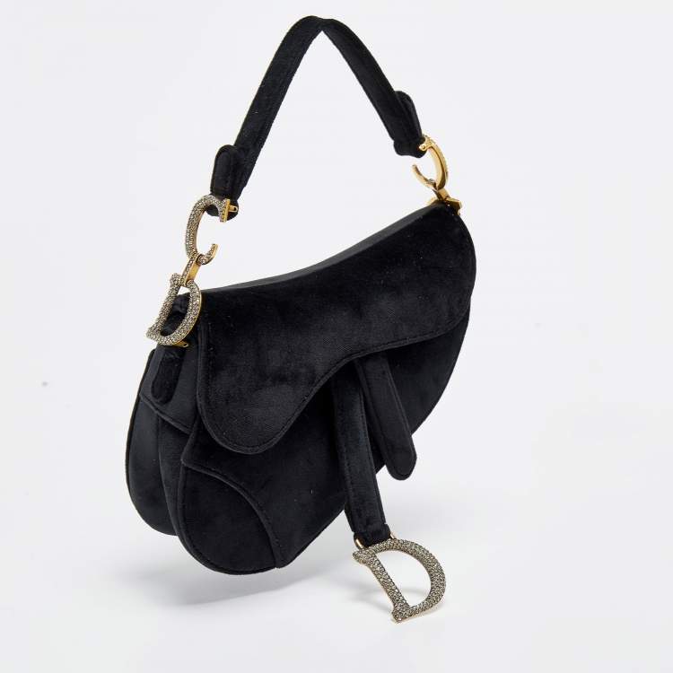 Pre Owned Dior Black Velvet Mini Crystal Embellished Saddle Bag