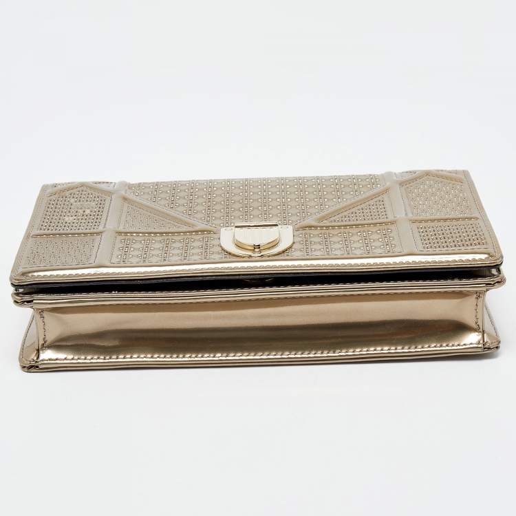 Pre Owned Dior Metallic Beige Micro Cannage Patent Leather Diorama Wallet On Chain