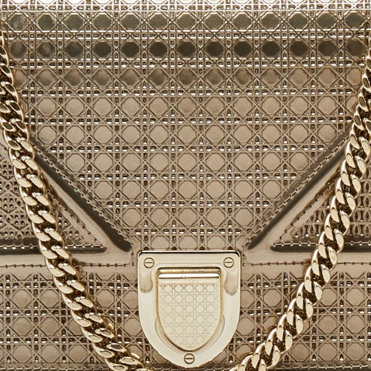 Pre Owned Dior Metallic Beige Micro Cannage Patent Leather Diorama Wallet On Chain