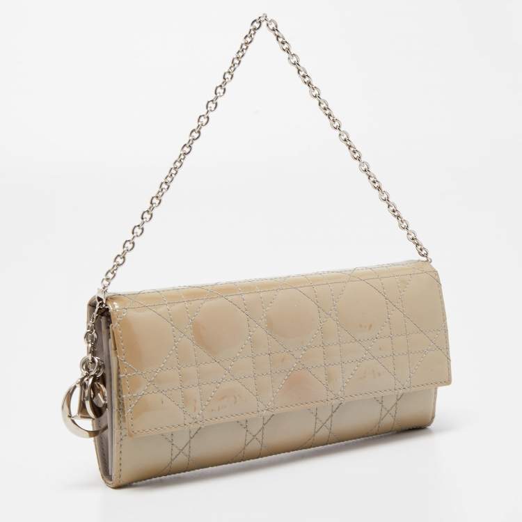 Pre Owned Dior Grey Cannage Patent Leather Lady Dior Wallet on Chain