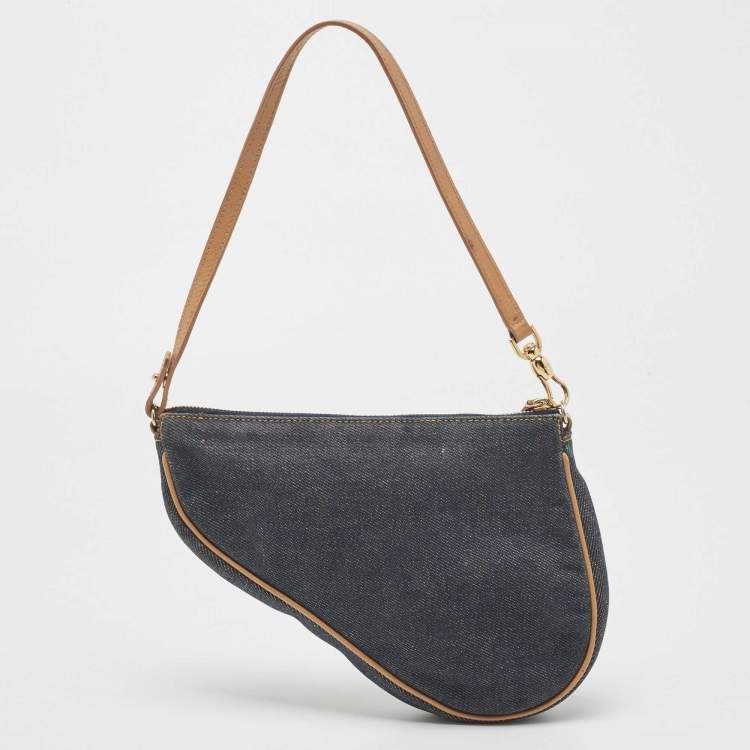 Pre Owned Dior Blue/Beige Denim Mini Saddle Bag