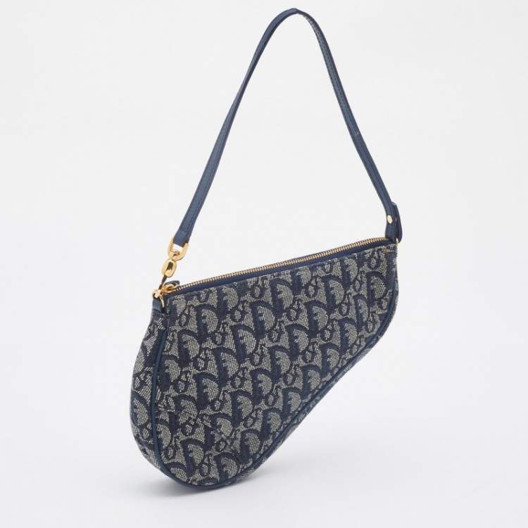 Pre Owned Dior Navy Blue Oblique Canvas and Leather Saddle Baguette Bag