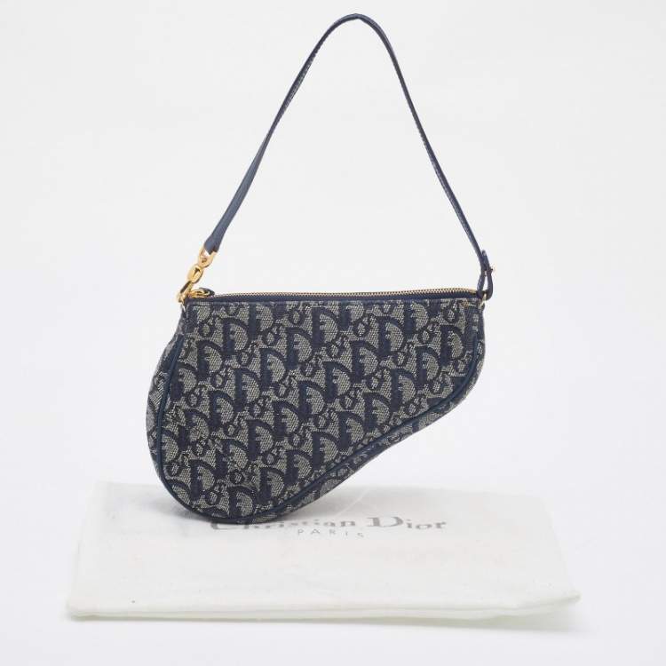 Pre Owned Dior Navy Blue Oblique Canvas and Leather Saddle Baguette Bag