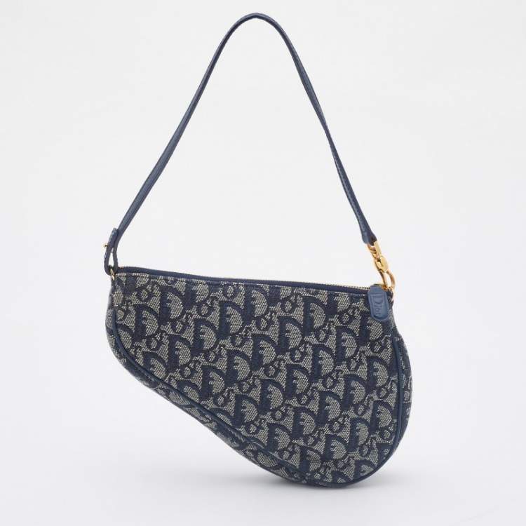 Pre Owned Dior Navy Blue Oblique Canvas and Leather Saddle Baguette Bag