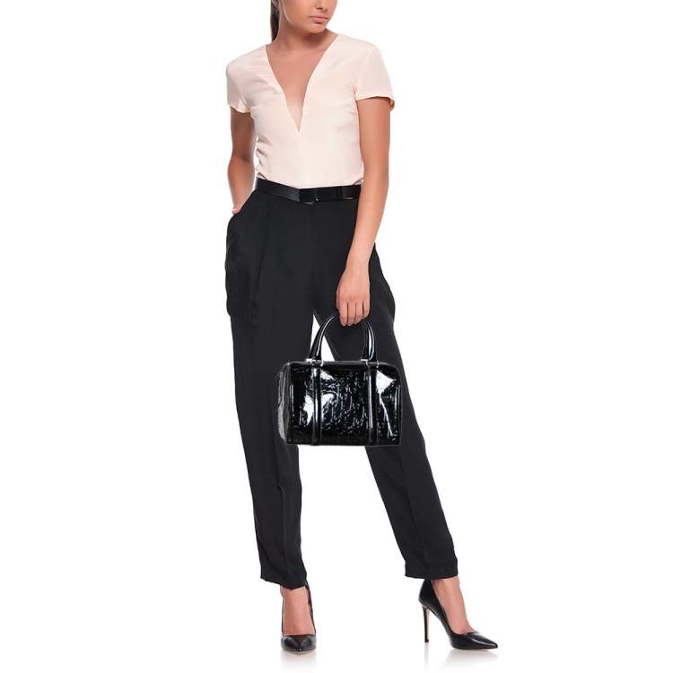 Pre Owned Dior Black Oblique Monogram Patent Leather Boston Bag