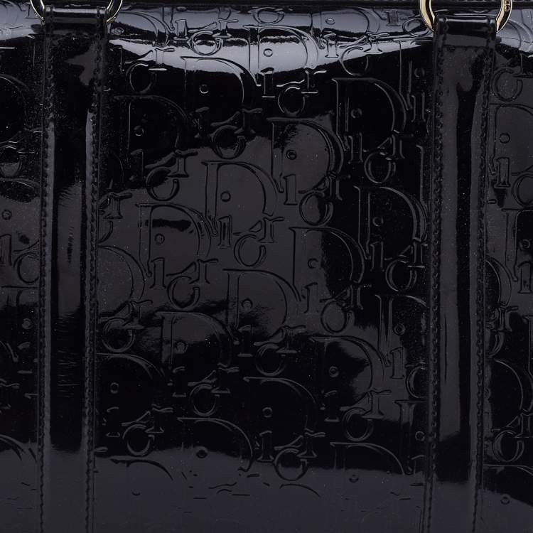 Pre Owned Dior Black Oblique Monogram Patent Leather Boston Bag