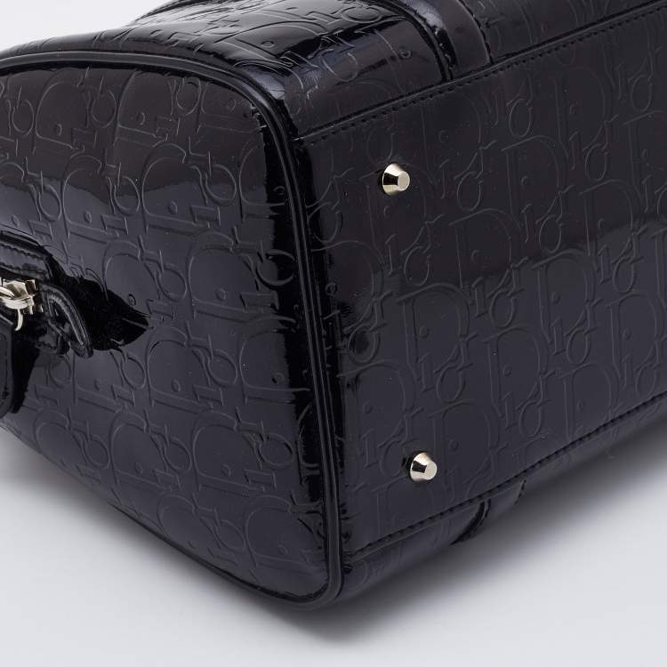 Pre Owned Dior Black Oblique Monogram Patent Leather Boston Bag