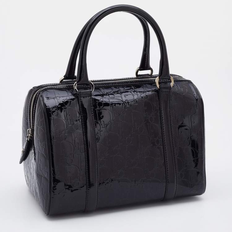 Pre Owned Dior Black Oblique Monogram Patent Leather Boston Bag