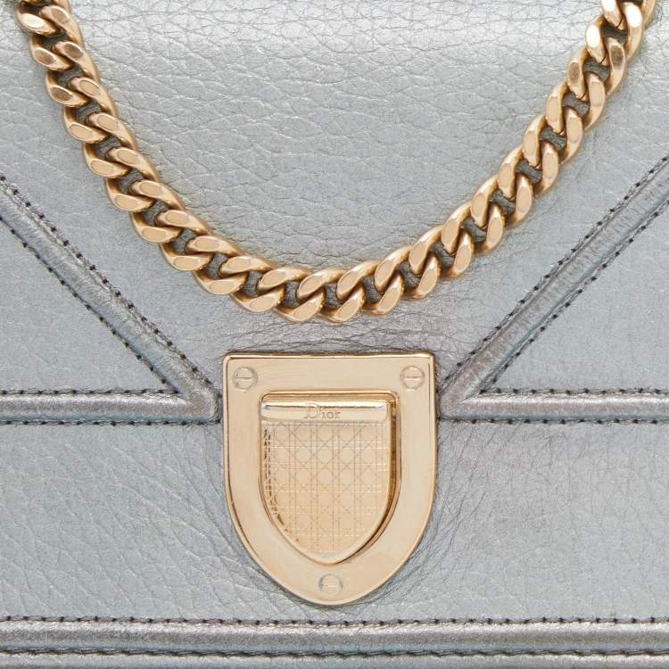 Pre Owned Dior Metallic Green Leather Diorama Wallet on Chain