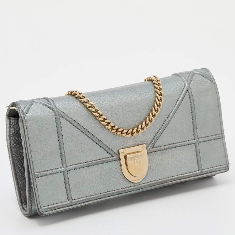 Pre Owned Dior Metallic Green Leather Diorama Wallet on Chain