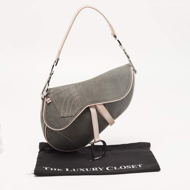 Pre Owned Dior Dark Grey/Pink Denim and Glazed Leather Saddle Bag