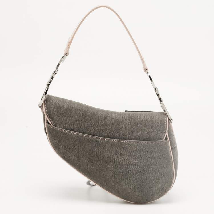 Pre Owned Dior Dark Grey/Pink Denim and Glazed Leather Saddle Bag