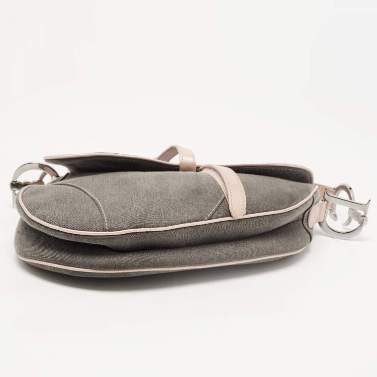 Pre Owned Dior Dark Grey/Pink Denim and Glazed Leather Saddle Bag